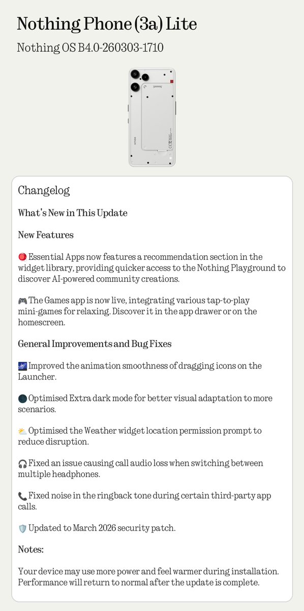 A new update is rolling out for Nothing Phone (3a) Lite!
Version: Nothing OS B4.0-260303-1710