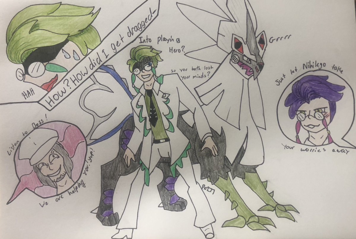 lashakat27's tweet photo. Not so Hero-Hero.
-Just for funsies: what if Alt Corbeau somehow ends up as the hero when Emmet and Corbeau loose their minds? Plus random Sivally comes long to deal with the Nihilego.
@nartothelar 
#art
#Pokemon #PokemonCorbeau #PokemonAltCorbeau #PokemonEmmet #Nihilego https://t.co/lgJV7cPey4