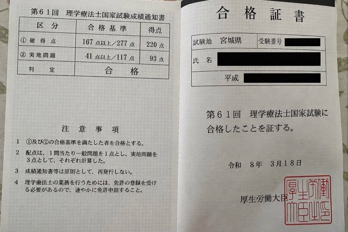 KURONYLAB_PTxAI's tweet photo. 合格証書届いてたよ〜📬㊗️

第61回理学療法士国家試験  
総得点220点／実地93点で合格✨

やっと実感が湧いてきた…😭  
みんなは何点だったー？？  
総得点・実地教えてねー！

#理学療法士 #PT #国家試験 #国試 #国試合格 #合格証書 #第61回 https://t.co/dxMXavcTla