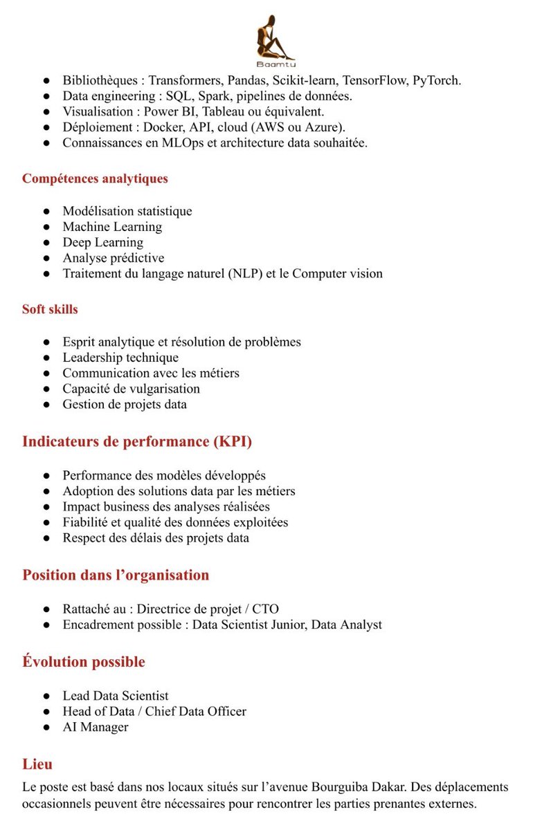 Zalebaate's tweet photo. 🚀 Baamtu recrute !

Nous recherchons un(e) Data Scientist Senior pour intervenir sur des projets à forte valeur ajoutée autour de la data et de l’intelligence artificielle.

📌 Pour découvrir le rôle et ses missions, merci de lire attentivement la fiche de poste ci-dessous.

📅 Date limite de candidature : mardi 31 mars 2026
📩 Merci de postuler à job@baamtu.com avec comme objet : Poste - Data Scientist Sénior.

@Noo_IDcard @Nabyleu @Afterpro 

#DataScience #DataScientist #IntelligenceArtificielle #MachineLearning  #BigData #AI