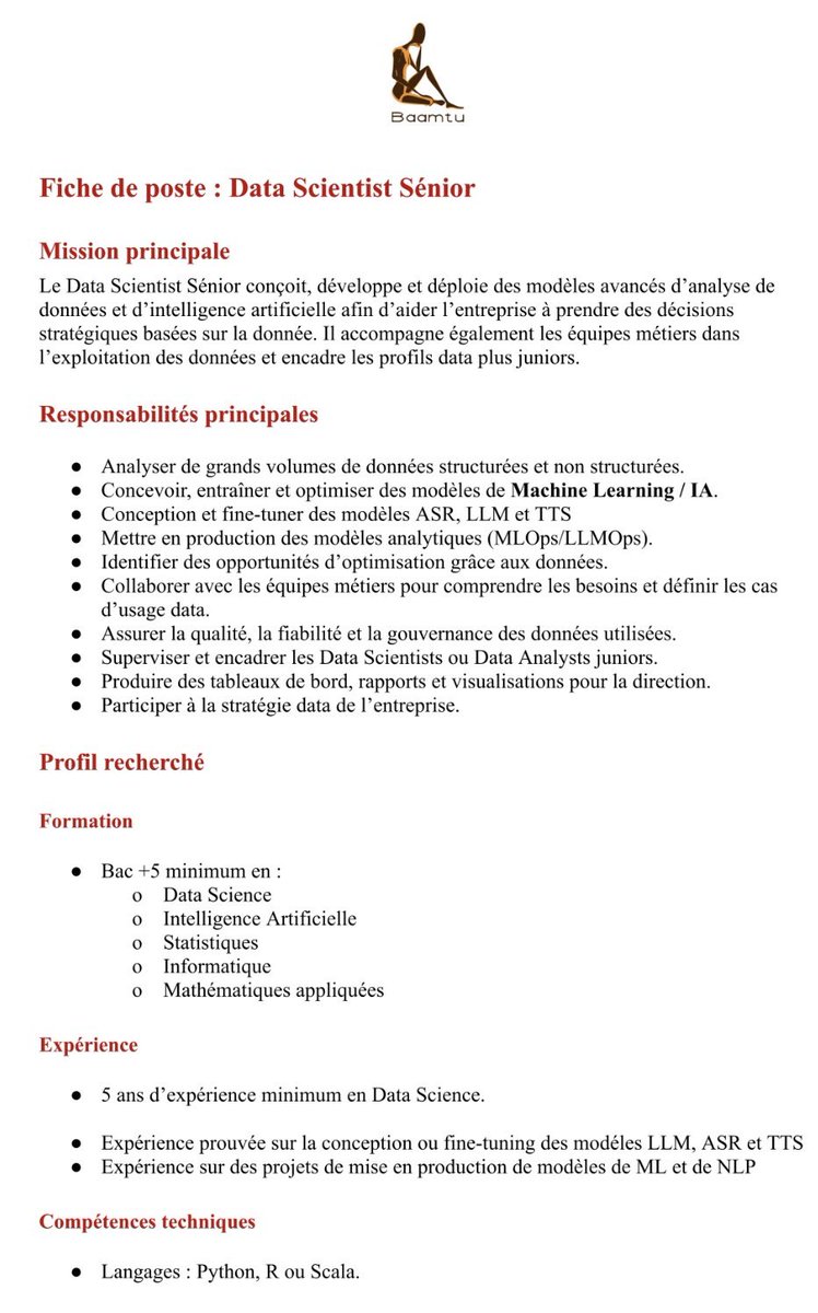 Zalebaate's tweet photo. 🚀 Baamtu recrute !

Nous recherchons un(e) Data Scientist Senior pour intervenir sur des projets à forte valeur ajoutée autour de la data et de l’intelligence artificielle.

📌 Pour découvrir le rôle et ses missions, merci de lire attentivement la fiche de poste ci-dessous.

📅 Date limite de candidature : mardi 31 mars 2026
📩 Merci de postuler à job@baamtu.com avec comme objet : Poste - Data Scientist Sénior.

@Noo_IDcard @Nabyleu @Afterpro 

#DataScience #DataScientist #IntelligenceArtificielle #MachineLearning  #BigData #AI