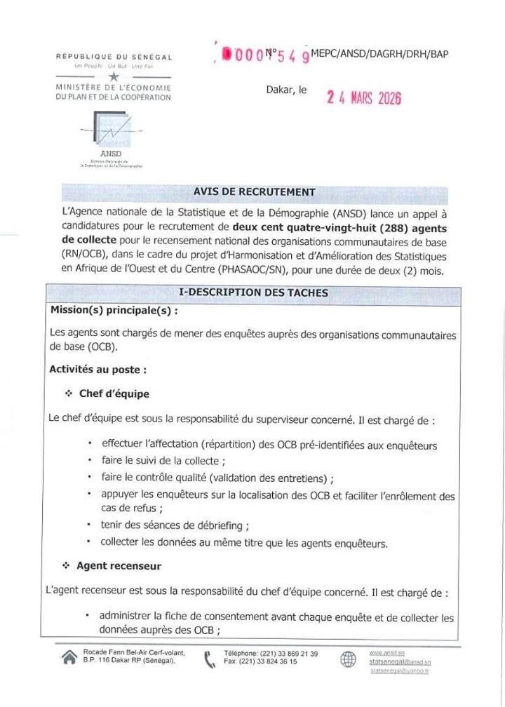 ViePubliqueSN's tweet photo. L’ANSD lance un appel à candidatures pour le recrutement de 288 agents de collecte dans le cadre du recensement des organisations communautaires de base.

👤 Âge requis : 21 à 55 ans
📅 Date limite : 11 avril 2026 à 17h
🌐 Candidature en ligne : https://t.co/55Sg89lTOb https://t.co/F2KAXg2noN
