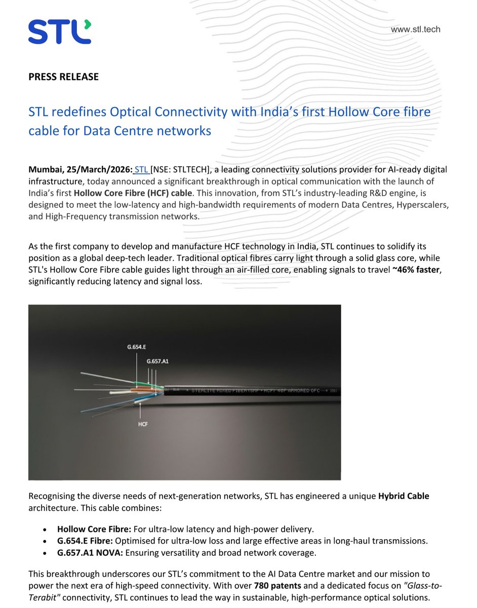 equities_samjho's tweet photo. Sterlite Technologies becomes the first India company to develop Hollow Core Fibre (HCF) technology. It is the latest tech for Data Centre OFC demand. 

HFCL, another OFC player to receive 10,000 cr OFC orders recently, is yet to announce its HFC breakthrough. It is working with IIT Delhi to develop its HCF tech. 

Good time to be an OFC player.