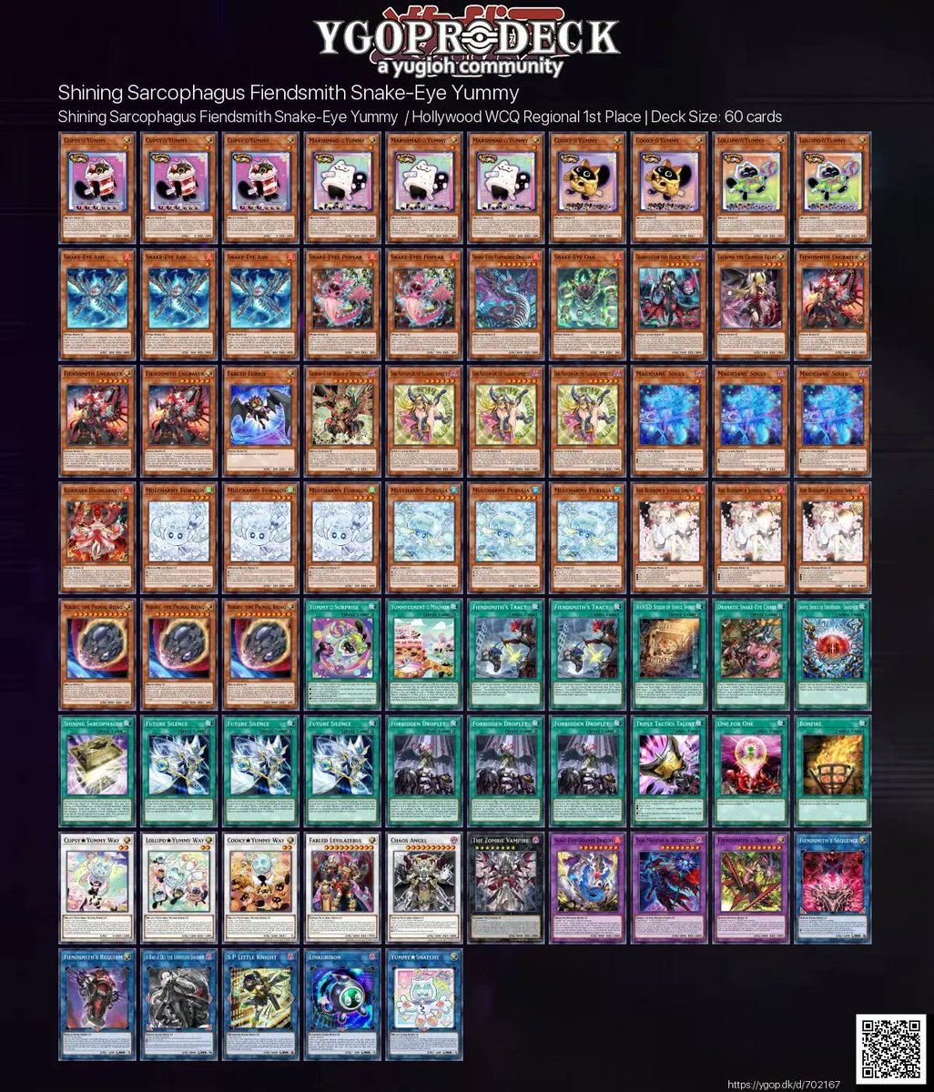 YGOPRODeck's tweet photo. Shining Sarcophagus Fiendsmith Snake-Eye Yummy  / Hollywood WCQ Regional 1st Place 🏆

✅ https://t.co/VKSlgPI2ki

#yugioh #yugiohtcg https://t.co/6564jrGQ1M