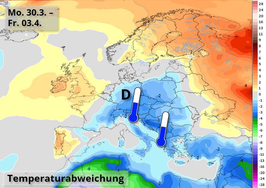 Kachelmannwettr's tweet photo. Es deutet sich vor allem für den Osten und Süden eine zu kühle Karwoche an. Die Grafik zeigt die Temperaturabweichung nach dem ECMWF-Mittel vom kommenden Montag bis Karfreitag.

Vorhersage, Trends etc. hier:
https://t.co/JOi8wjOQTV /LD https://t.co/hkHAD39UMQ