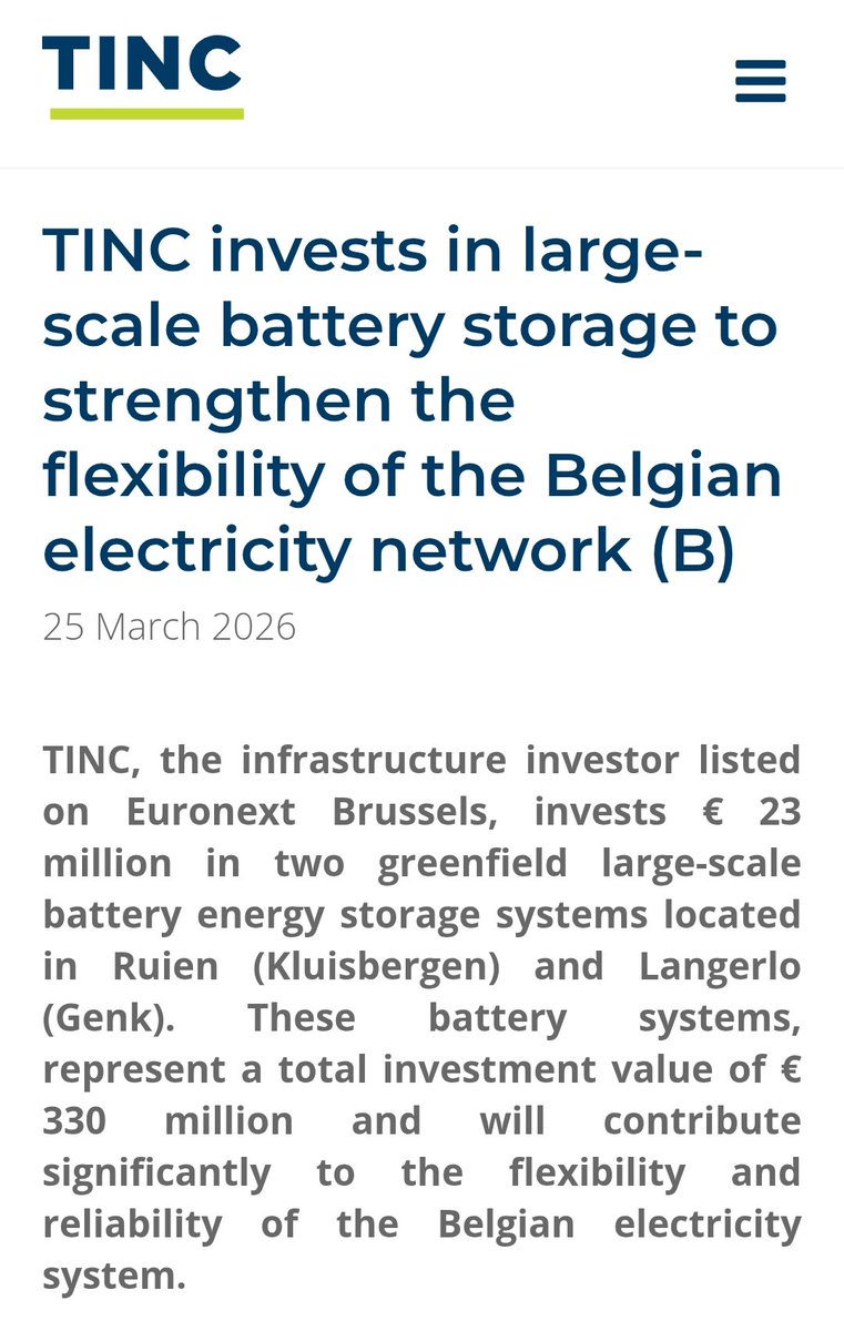 bravhoy's tweet photo. #TINC investeert 23 miljoen euro in twee nieuwe batterijopslagprojecten in België (Rien en Langerlo). https://t.co/gVu0Efjvxs
