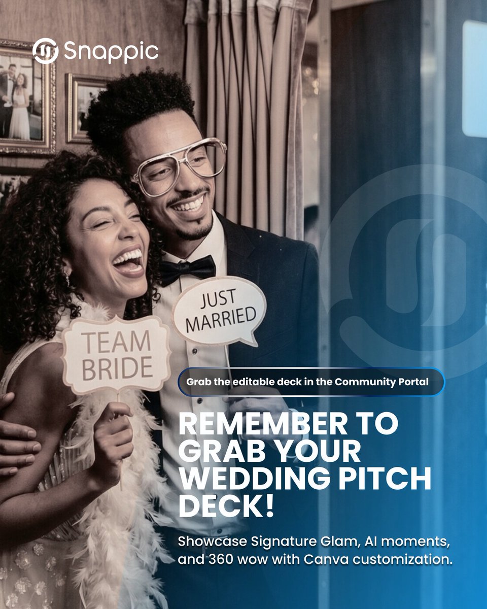 Your setup is elite. Your pitch is costing you bookings. 👀
Brides book experiences, not packages.

Show them the Glam. The AI. The 360°. The wow.

Your free Wedding Pitch Deck is waiting.
🔗 community.snappic.com/c/resources/