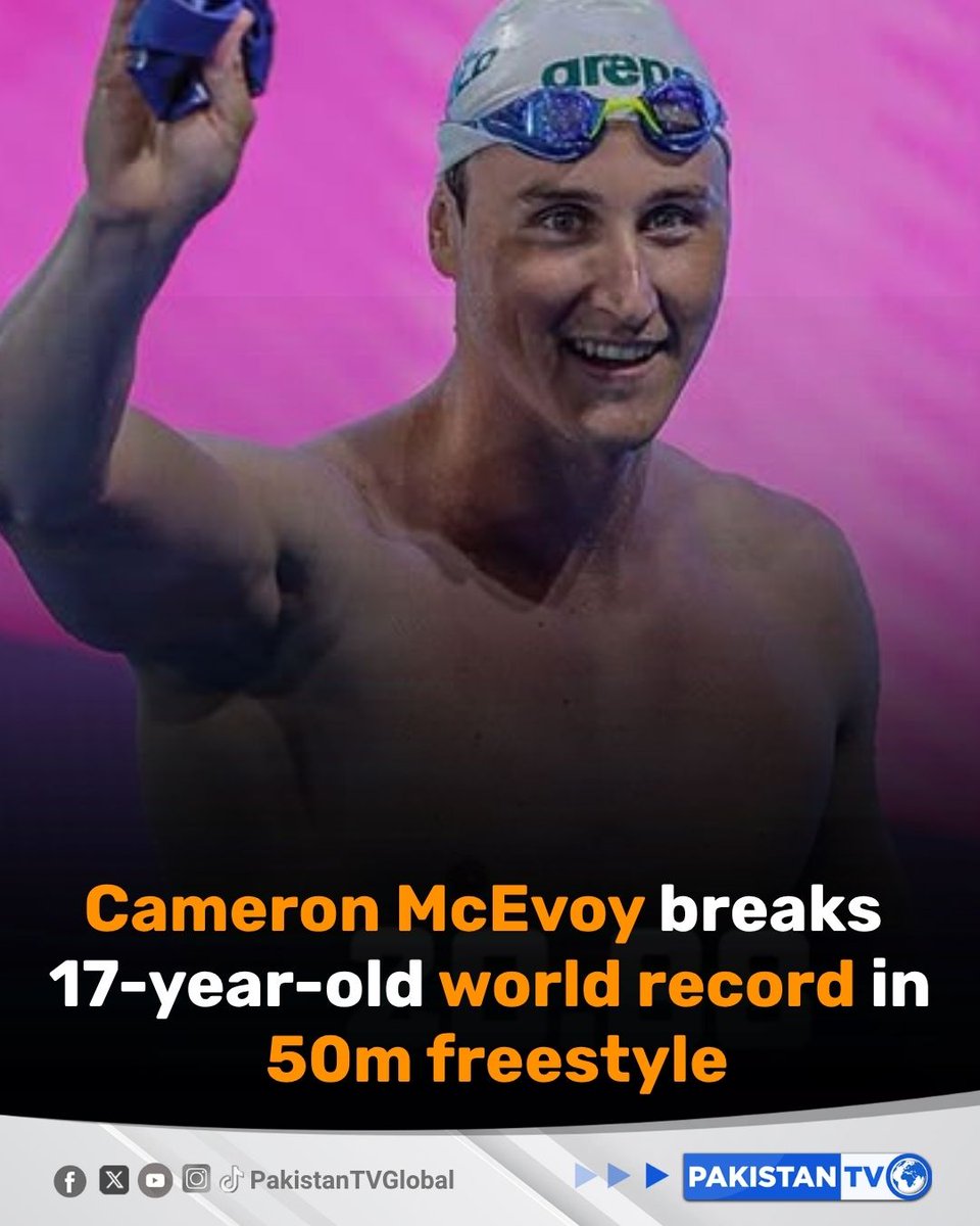 PakTVGlobal's tweet image. Olympic champion Cameron McEvoy clocked 20.88s in Shenzhen, breaking a 17-year-old record and calling it a childhood dream come true.

#CameronMcEvoy #Swimming #RecordBreak #Shenzhen #OlympicChampion #PakistanTV #PakistanTvglobal