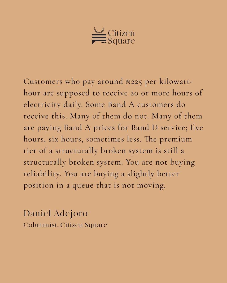 CitizenSquare_'s tweet photo. In our latest piece, @OlanrewajuTwits examines Nigeria's electricity crisis not as a technical problem, but as a fifty-year institutional choice.

See comments for link to this piece. https://t.co/AuAuwvGbar