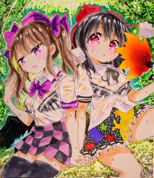 アナログ色紙絵 射命丸文 姫海棠はたて