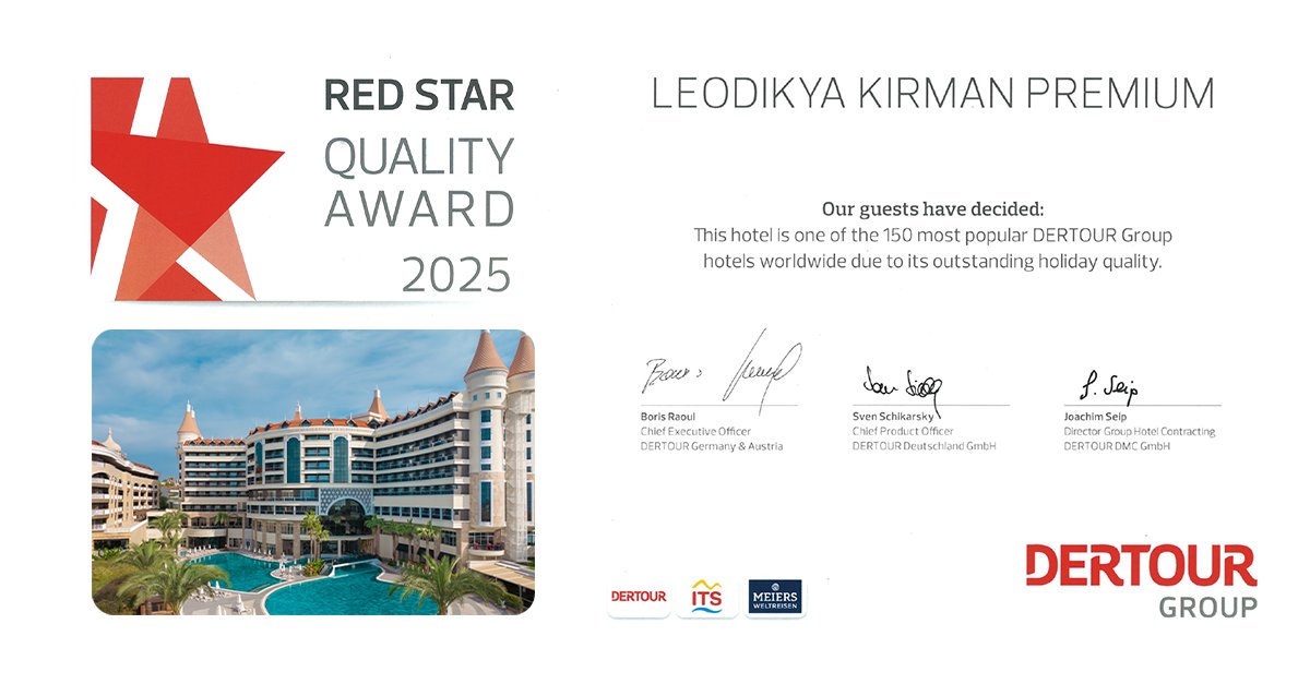 kirmanpremium's tweet photo. Red Star Quality Award 2025 ⭐

Leodikya Kirman Premium olarak, 2025 Red Star Quality Award ile dünya genelinde öne çıkan oteller arasında yer almaktan memnuniyet duyuyoruz.
#KirmanPremium #RedStarAward https://t.co/qsyLmpGuik