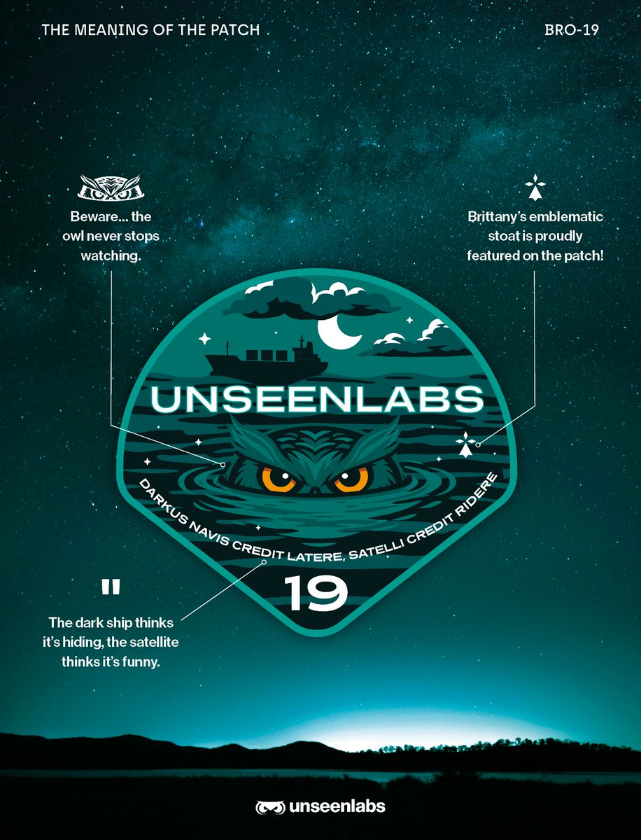 UnseenLabs's tweet photo. Every Unseenlabs satellite launches with its own mission patch. 🦉🛰️

For BRO-19, the design tells a familiar story: a dark ship navigating at night, hoping to stay unseen… while the owl stands ready to detect its RF signals from space.

GO BRO-19!

#unseenlabs #bro19 https://t.co/T7OaZeDakW
