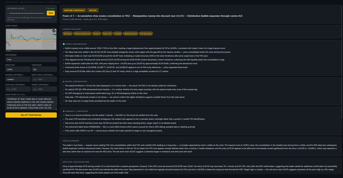 Solidrock85's tweet photo. I created a platform with all of #ict 2016 mentorship (transcribed and organised into 1 single platform). I then created a post a chart section where you can post an image of your trade and your explanation. #Claude then runs a review based on the 2016 content and gives you a review....actually insane.
