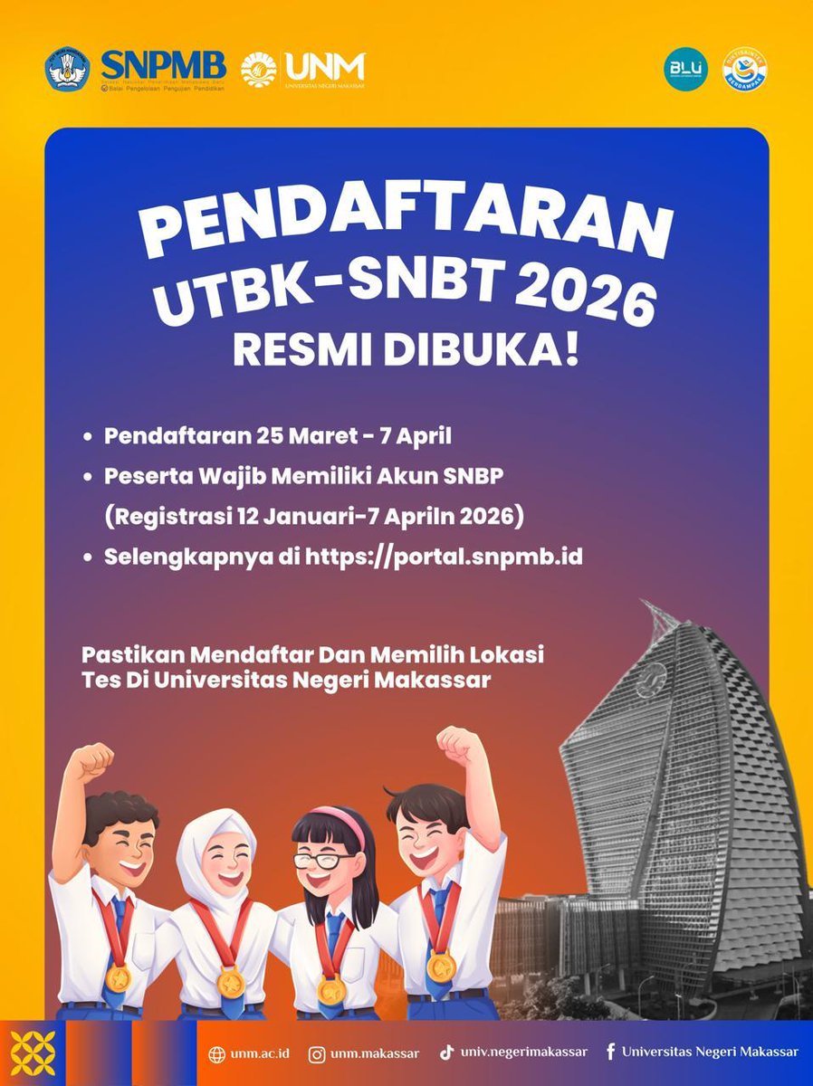 JPTEUNM's tweet photo. *📢 PENDAFTARAN UTBK-SNBT 2026 DIBUKA!*

🗓 Jadwal penting:
• Pendaftaran: 25 Maret–7 April 2026
• Pembayaran UTBK: 25 Maret–8 April 2026
• Pelaksanaan UTBK: 21–30 April 2026
• Pengumuman SNBT: 25 Mei 2026

📌 Ketentuan:
• UTBK hanya dapat diikuti 1 kali
• Hasil UTBK berlaku untuk SNBT/PTN 2026
• Prodi seni/olahraga wajib memenuhi portofolio  ￼

📍 Pilih lokasi tes di UNM!
UNM merupakan Pusat UTBK kode 712
Lokasi: ICT Center, Menara Pinisi UNM, Sayap B Lt. 1, Jl. A.P. Pettarani, Makassar  ￼

🔗 Info resmi:
https://t.co/gg7cVtpMF0
https://t.co/ABBgURnpM0
https://t.co/EFwFhys5fg
