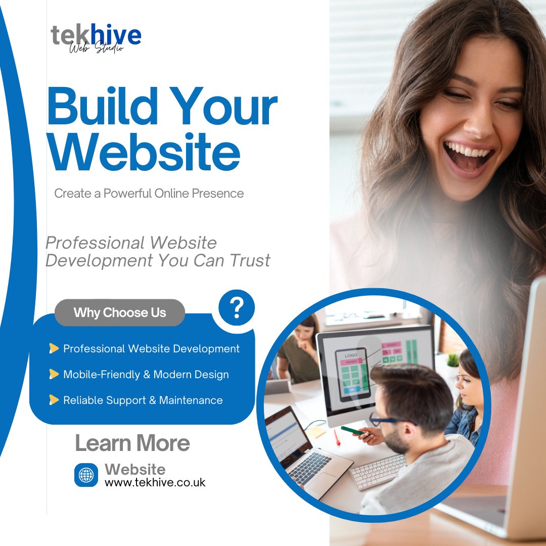 Ready to take your business online? 🌐

Build a professional website that represents your brand, attracts customers, and drives real results.

Start your website today.
🌐 tekhive.co.uk

#BuildYourWebsite
 #WebDevelopment
#WebsiteDesign
#DigitalAgency