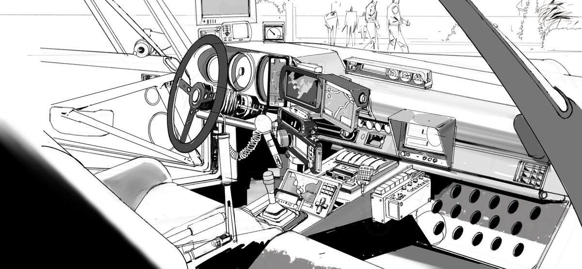 qiuuu97's tweet photo. Sketch from inside a car, done in old-school hand-drawn style. I’m really into classic 20th-century masters like Moebius and Syd Mead. #ConceptArt #Illustration #DigitalArt #Drawing #LineArt #EnvironmentDesign #PropDesign https://t.co/ie53R0qwmY