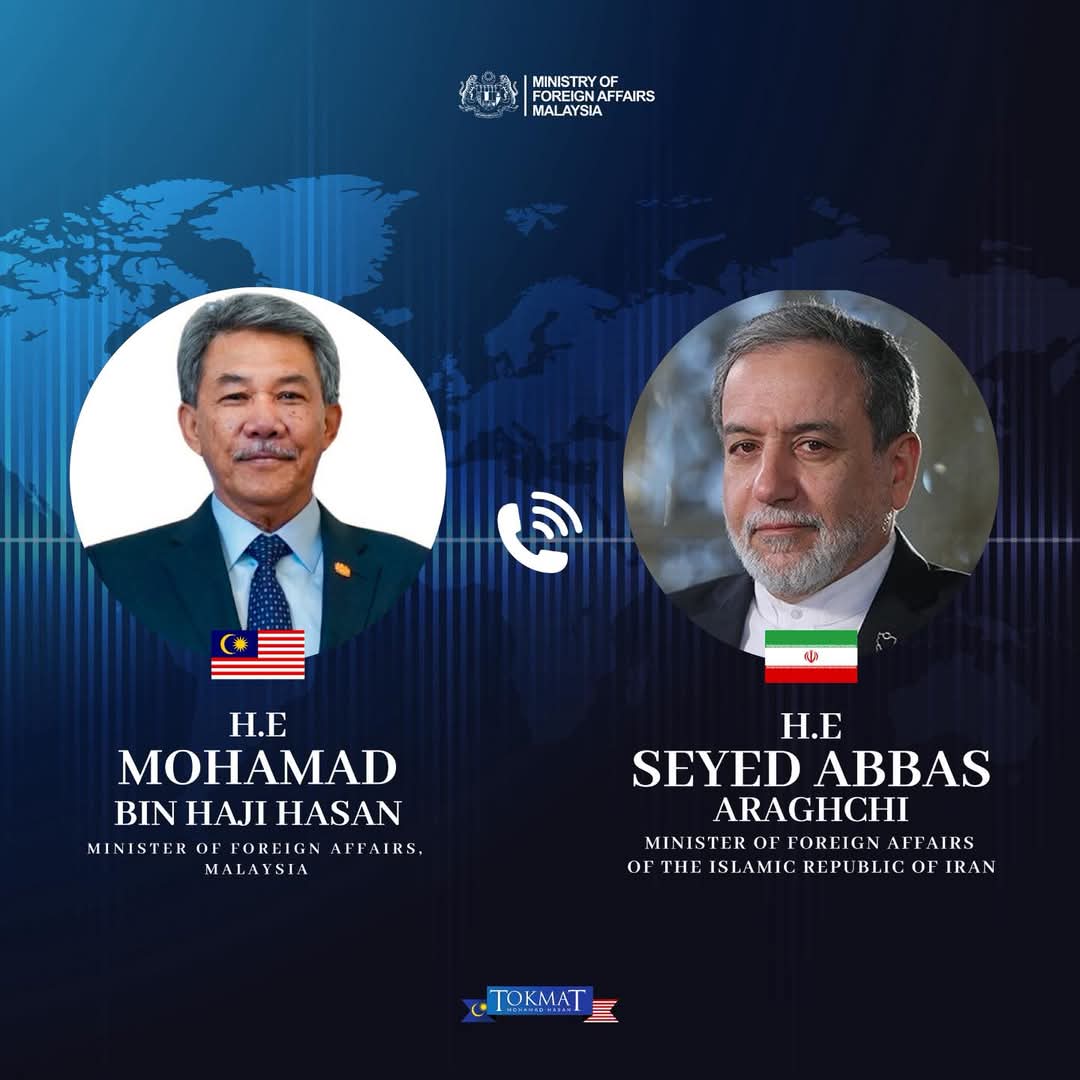 24hb Mac 

Alhamdulillah dapat menghubungi rakan sejawat dari Republik Islam Iran, TYT Dr Seyed Abbas Araghchi bagi membincangkan perkembangan terkini di rantau Asia Barat, termasuk kepentingan menjaga laluan maritim di Selat Hormuz demi kestabilan ekonomi &amp; tenaga global.