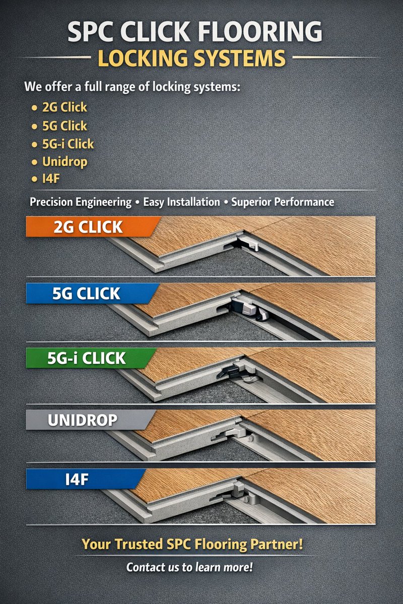 Yhfloors's tweet image. Our Locking Portfolio: 2G | 5G | 5G-i | Unidrop
The Professional Edge:
🚀 Higher Efficiency: Faster project turnaround. 
💪 Greater Strength: Built for the toughest environments. 
⏳ Lasting Performance: Engineered for worry-free use.
#SPCFlooring #VinylFlooring  #ClickSystem