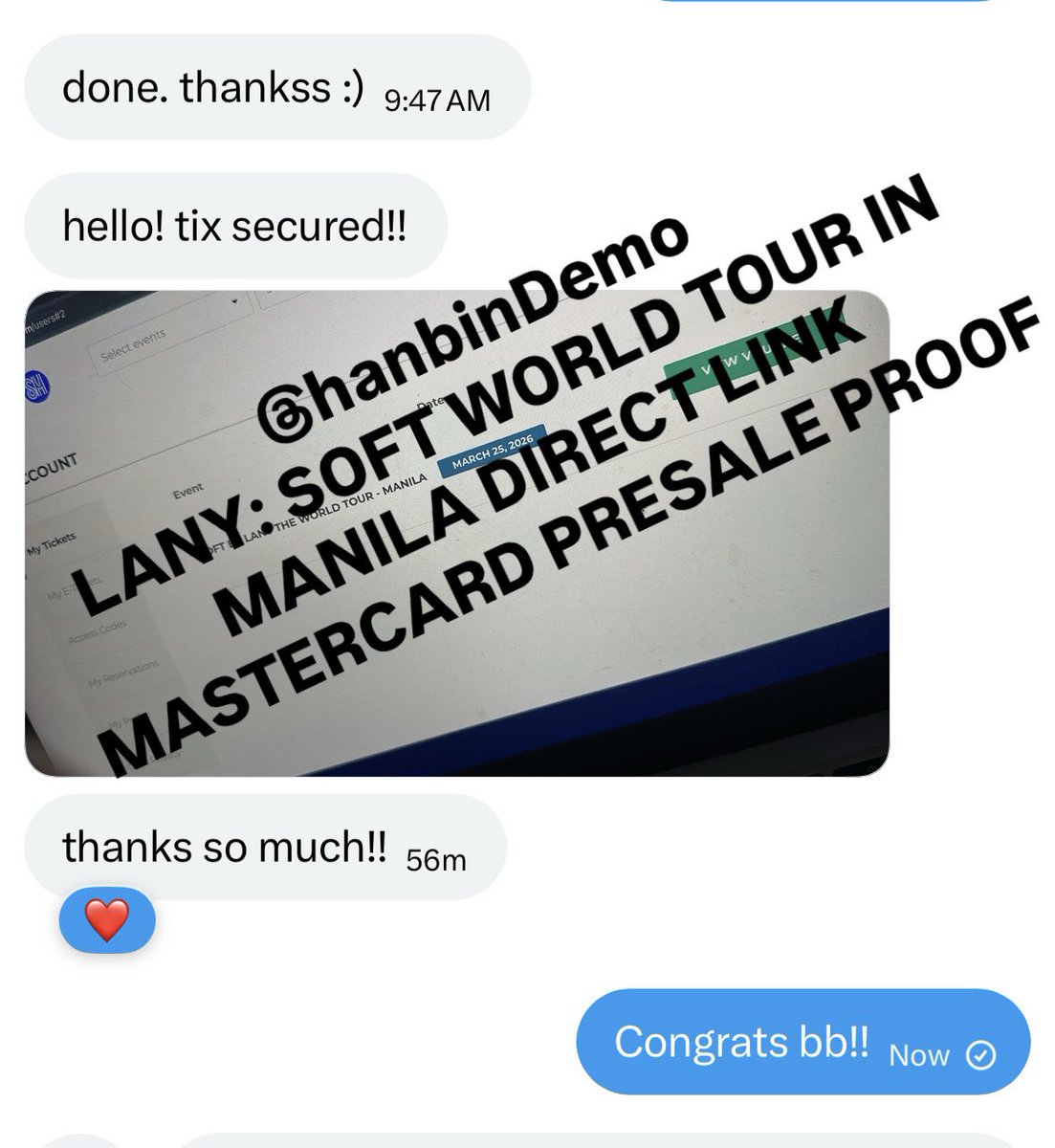 hanbinDemo's tweet photo. (2)

‼️FEW SLOTS LEFT FOR LNPH PRESALE &amp; GENSALE‼️

DM NOW TO AVAIL 📩

🎤₱100
🎤skip queue &amp; pick seat ASAP
🎤with 1000+ transactions
🎤1 minute earliest time stamp!
🎤Multiple links 🔗

🏷️ bypass link wtb lfb ticketing assistance

#LANYinManila #softworldtourPH #LANY https://t.co/PEFt2UUJx2