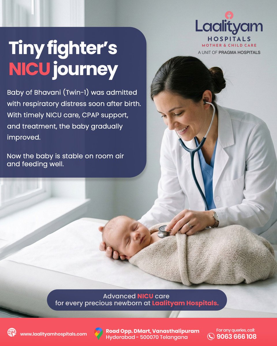 laalityamh50069's tweet photo. 👶 Tiny fighter, big victory at Laalityam Hospitals

Baby of Bhavani (Twin-1) was admitted with respiratory distress soon after birth.
With advanced NICU care, CPAP support, and expert treatment, the baby showed steady recovery.

#nicu #newborncare #pediatriccare https://t.co/SWHkLiEl7o