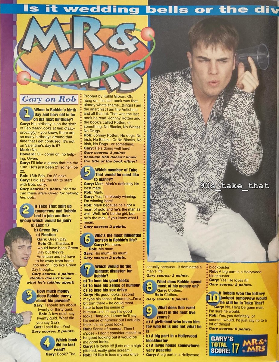 90s_take_that's tweet image. Mr &amp;amp; Mrs 🥰 #perfectmatch 

💛💙💛💙

📷 @takethat Official Fan Club Magazine 1995

This is our idea of a very nice challenge 🤩😜 @ allthoseprettythinqs 

#takethat #garybarlow #robbiewilliams #90s #flashback #thatters @GaryBarlow @robbiewilliams #takethatlegends
