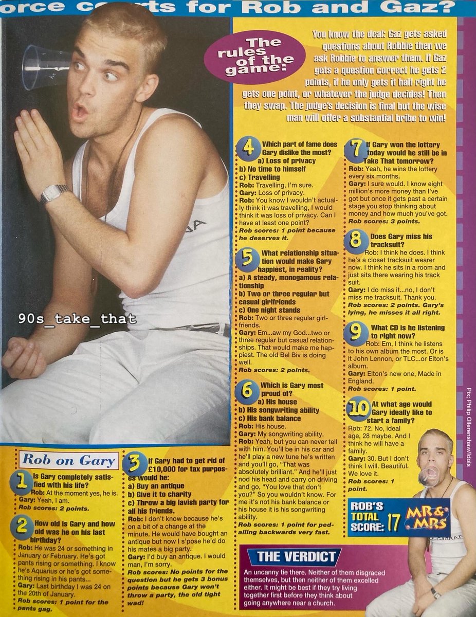 90s_take_that's tweet image. Mr &amp;amp; Mrs 🥰 #perfectmatch 

💛💙💛💙

📷 @takethat Official Fan Club Magazine 1995

This is our idea of a very nice challenge 🤩😜 @ allthoseprettythinqs 

#takethat #garybarlow #robbiewilliams #90s #flashback #thatters @GaryBarlow @robbiewilliams #takethatlegends