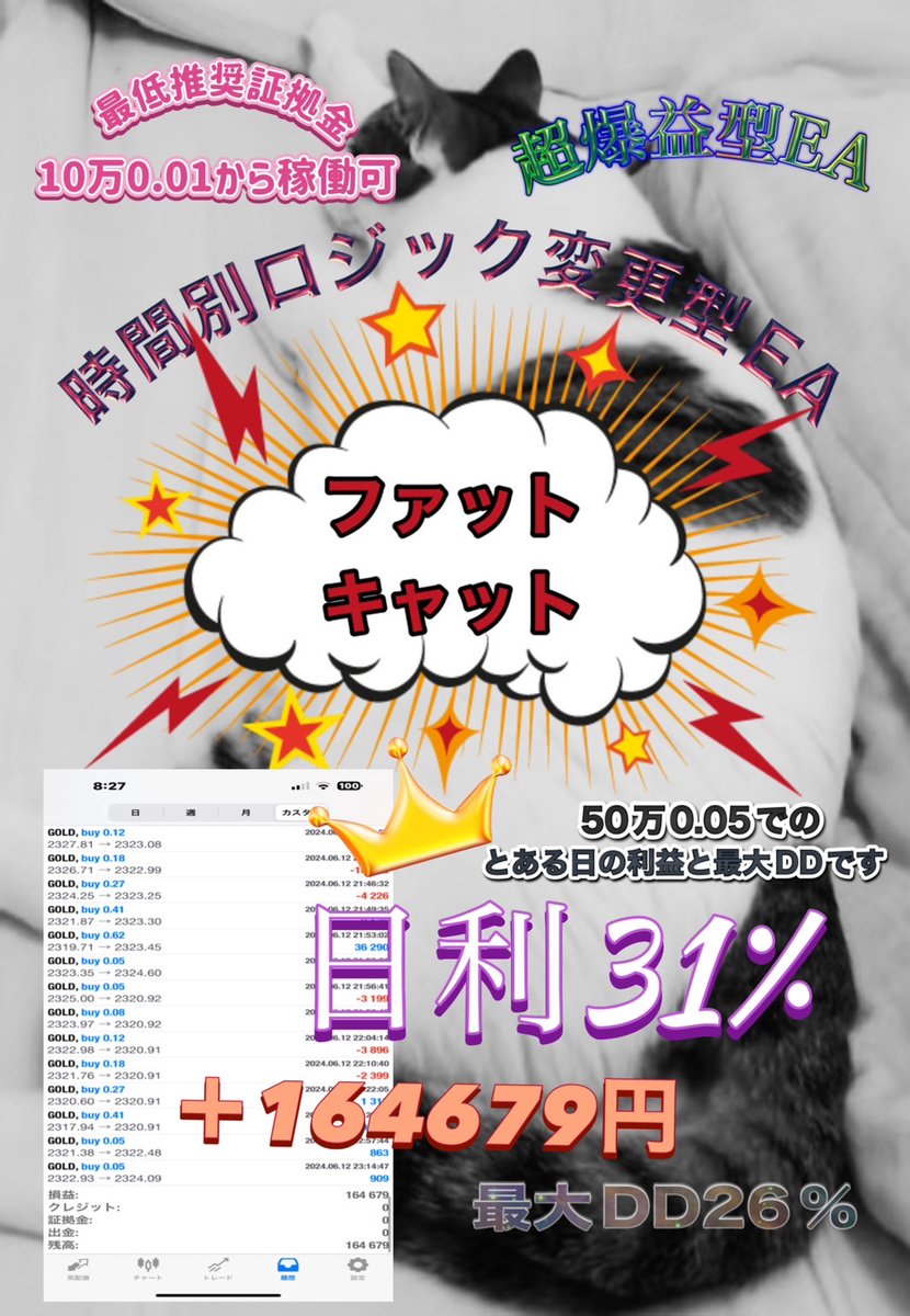 ファットキャットのとある日の利益です！
 これでディフェンス型という( ﾟДﾟ)
 これが無料で使えるので ぜひ使ってみてください( *´艸｀) 

ここから使えます↓ 
bit.ly/4bDEf1F 

#FX  #無料EA  #ad 

ゴールド/ビットコイン/BTCUSD/自動売買/ロスカット