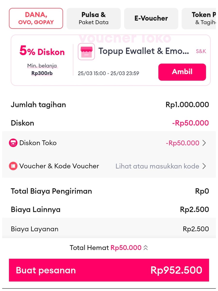 TopUp saldo 1JT diskon 50rb

Bagian TopUp Lazada, bukan voucher PayGift/Share Treath
s.lazada.co.id/s.Z6jh8a?cc&t=…