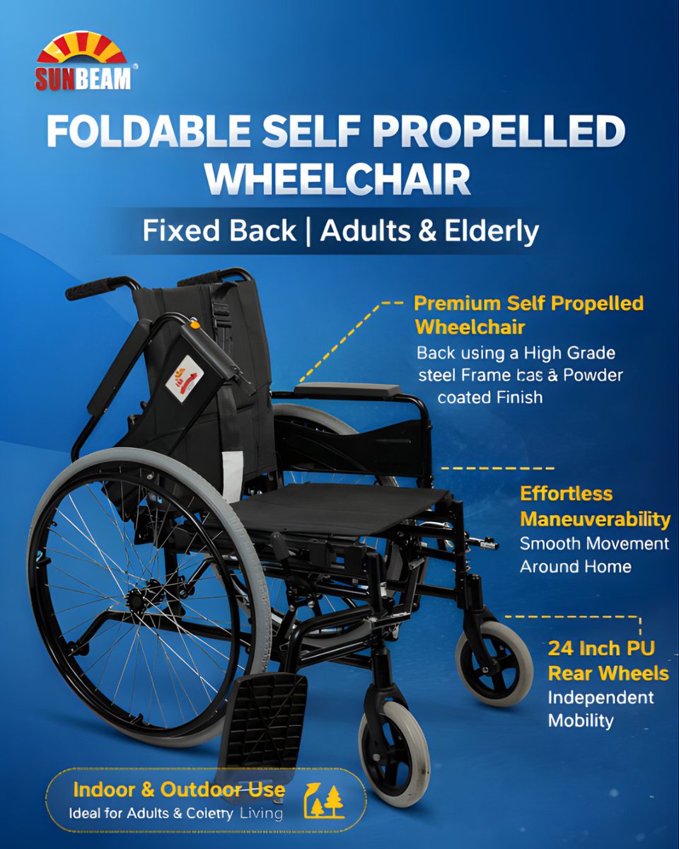 EaSunbeam53503's tweet photo. Move with confidence. Live independently. 
Foldable Self-Propelled Wheelchair by Sunbeam – comfort, durability &amp; easy mobility for adults &amp; elderly.

✔️ Steel Frame (Aluminium option available)
✔️ 24” Rear Wheels
✔️ Comfortable Armrests &amp; Footrests
✔️ Foldable &amp; Travel Friendly https://t.co/1BARiElwoP