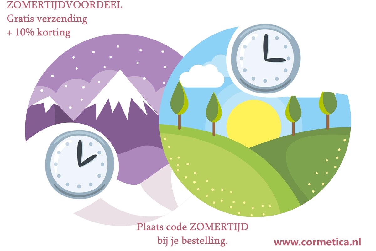 Cormetica's tweet photo. Komend weekend wordt de zomertijd ingesteld. Als zomertijdvoordeel worden er vanaf vandaag t/m 29 maart a.s. geen verzendkosten berekend. 
En ... wij geven 10% korting op alle producten! Gebruik de kortingscode ZOMERTIJD op https://t.co/ouhvmNo8Eo https://t.co/tGpHbRFOaT