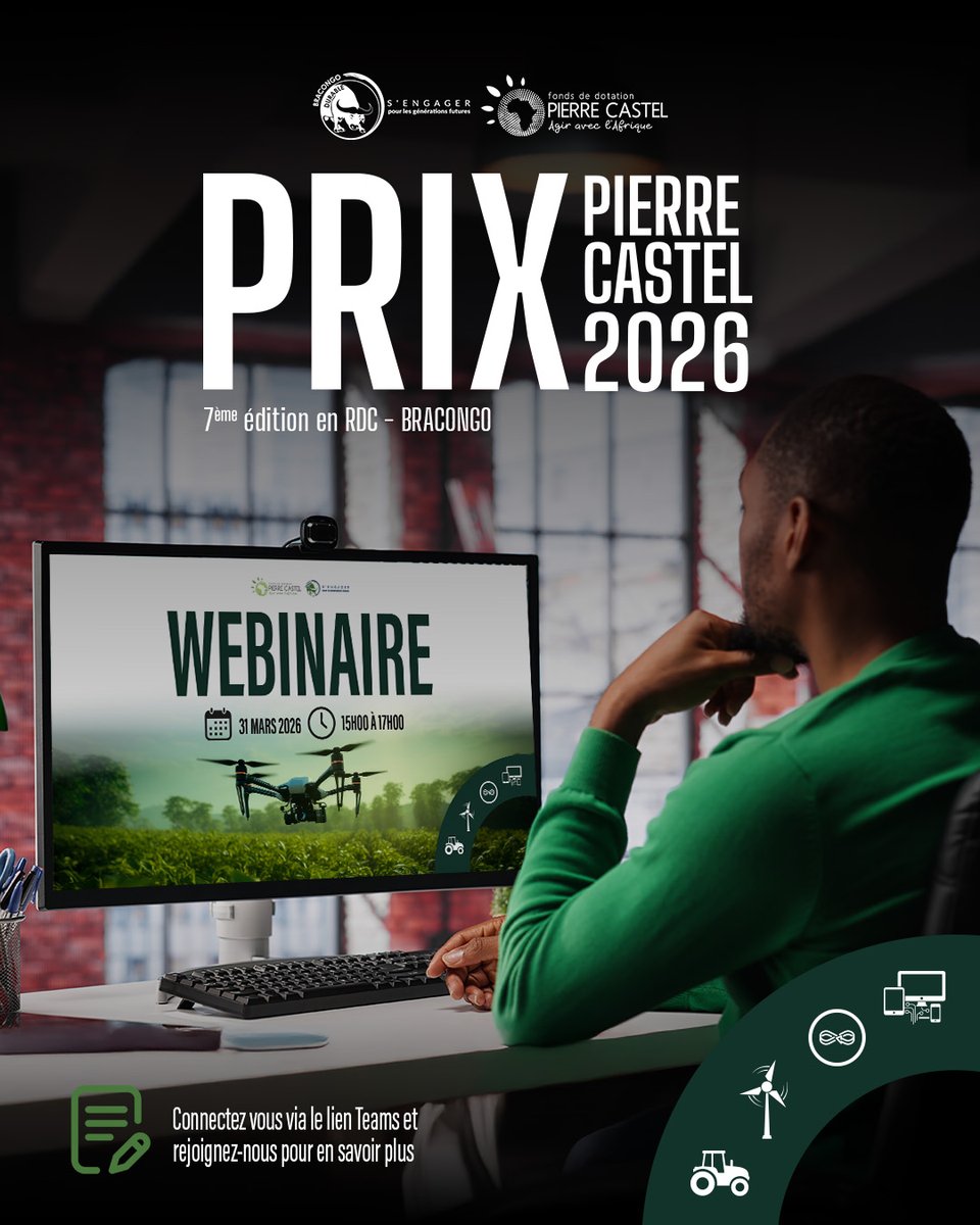 BracongoSa's tweet photo. Vous vous intéressez au Prix Pierre Castel ?

Entrepreneuriat, innovation, engagement, impact… Plongez au cœur des ambitions de l’édition 2026.

📷 Avant de candidater, participez à notre webinaire d’information pour comprendre :

- les critères de sélection
- les conditions pour candidater
- les opportunités offertes (mentorat, formation, financement)

📷 31 mars 2026
📷 15h00 – 17h00

📷 Connectez vous  via le lien ci dessous :

https://t.co/e7HPFuRcEx

#PrixPierreCastel #PPC2026 #Entrepreneuriat #Agriculture #Innovation #RDC #Bracongo