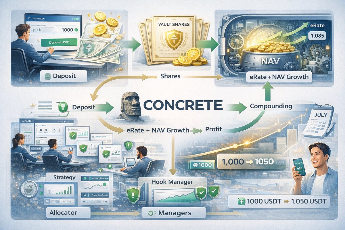 1/8 How Do <a href="/ConcreteXYZ/">Concrete</a>  Vaults Actually Work?

You deposit into a vault. Get shares. Watch balance grow. But what's happening behind the curtain? Breaking down Concrete vaults so even DeFi newbies understand. Explore: app.concrete.xyz