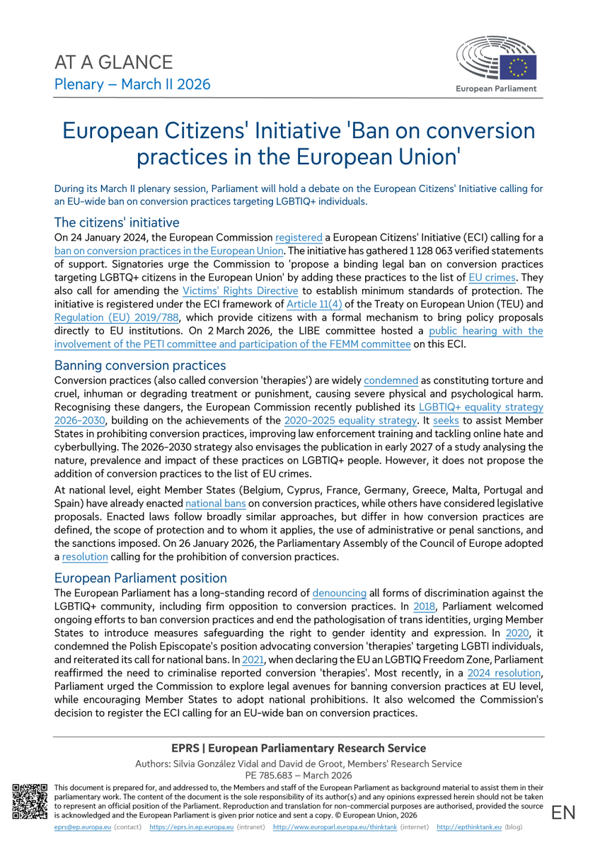 EP_EPRS's tweet image. Today in #EPlenary, MEPs will debate the European Citizens' Initiative calling for an EU-wide ban on conversion practices targeting #LGBTIQ+ individuals.

Signatories urge the Commission to propose a legal ban on conversion practices 👇

@EuroParlPress