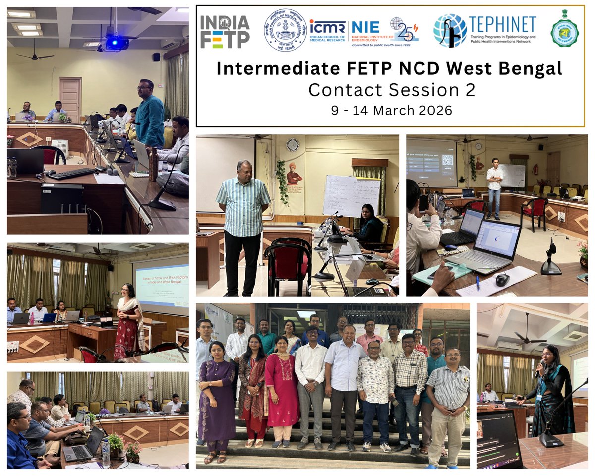 icmr_nie's tweet photo. The West Bengal IFETP – NCD Contact Session 2 (09–14 March 2026) was successfully completed.

The session brought together 13 mentees, supported by faculty mentors, co‑mentors, and external faculty, and covered key topics in NCD epidemiology, research methods, data collection planning, and operational research.

Participant feedback highlighted strong preparedness for the upcoming field investigation Core Activity 

#IFETP #NCD #PublicHealth #OperationalResearch #WestBengal

@kprabhdeep @drganeshkumarp @drarchana04 @DrRamyaN @sharanmurali @tephinet