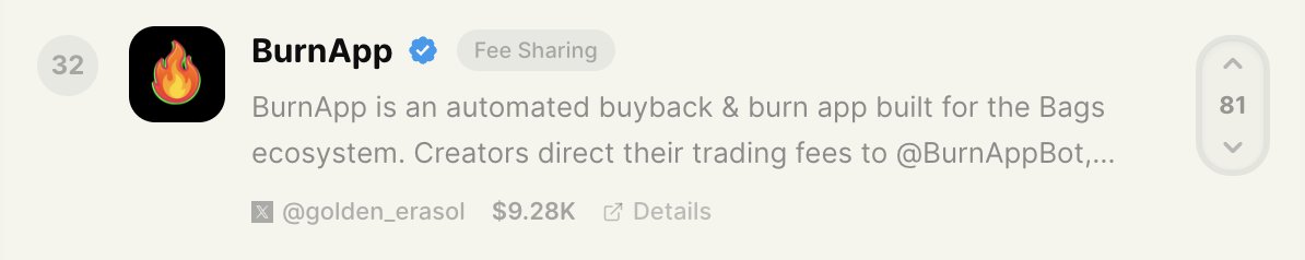 🔥 BurnApp is already ranked #32 on the <a href="/BagsHackathon/">Bags Hackathon</a> leaderboard out of 100 participants!

Vote for BurnApp here:
bags.fm/apps/e73819aa-…

Every vote pushes us forward.
Let’s get to the top! 🚀