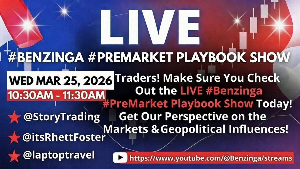 laptoptravel's tweet image. Traders! JUST 30 MINUTES from NOW!
Make Sure You Check Out the LIVE #Benzinga #PreMarket Playbook Show Today! w/@StoryTrading@itsRhettFosterand Myself (@laptoptravel) Wed Mar 25, 2026 10:30am - 11:30am Get Our Perspective on the Markets &amp;amp; Geopolitical Influences!  Link: