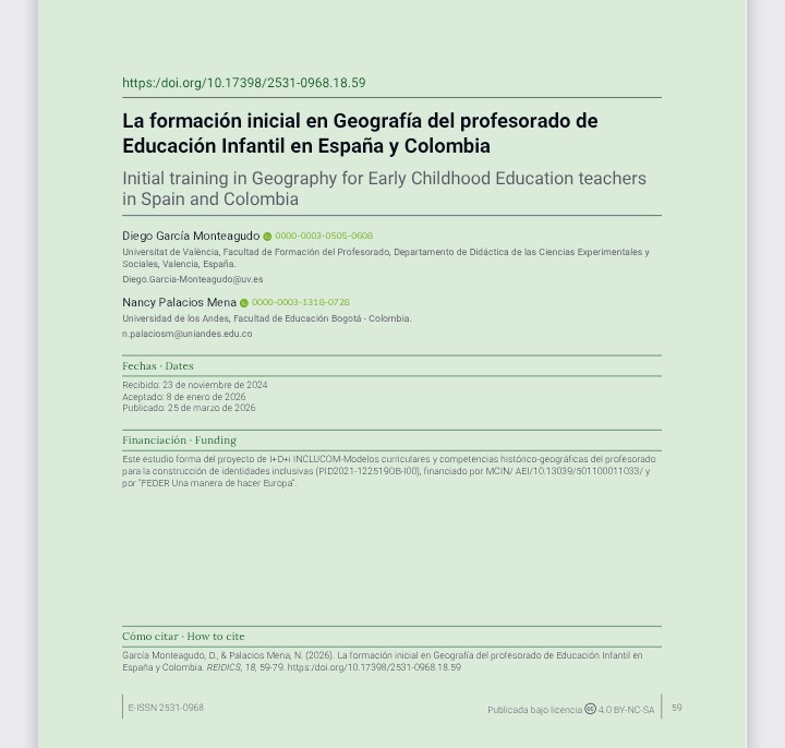 Diegarmon's tweet photo. He publicado con Nancy Palacios. La formación inicial en Geografía del profesorado de educación infantil en España y Colombia. @reidics1
@socialsuv 
https://t.co/lZ9QrTeLl5 https://t.co/8KCRMYDd39