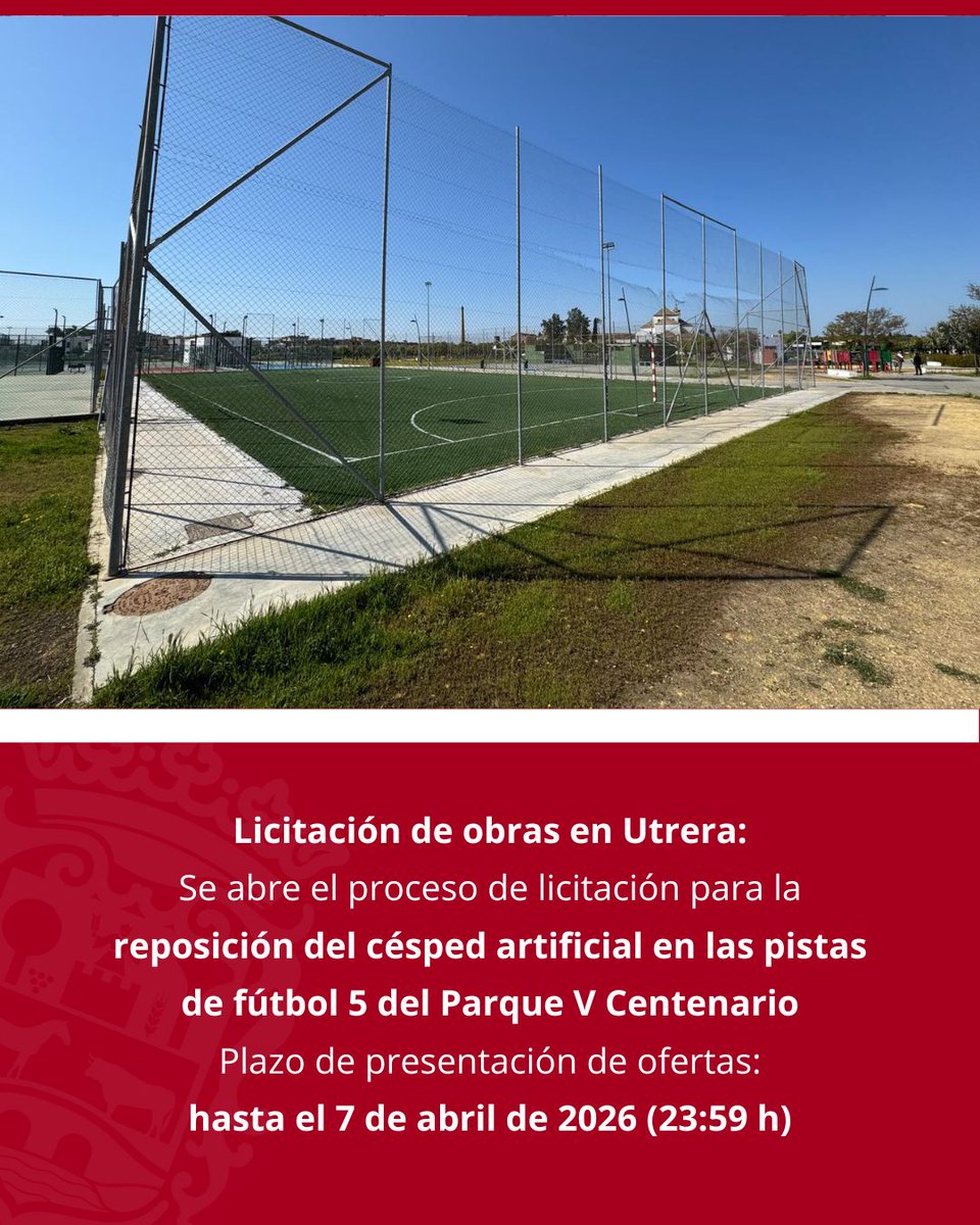 CiudadUtrera's tweet photo. Licitación de obras en Utrera
Se abre el proceso de licitación para la reposición del césped artificial en las pistas de fútbol 5 del Parque V Centenario.

Más información: https://t.co/EY5MUQAosS

#UtreraEresTu
#DeporteUtrera
#Licitaciones
#SiempreEnUtrera https://t.co/Ng3BG9lD9I