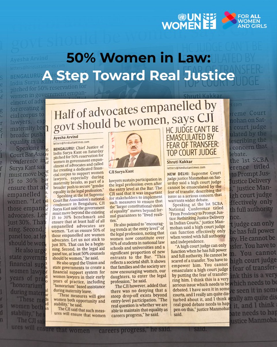 unwomenindia's tweet image. A welcome and timely push from the Indian judiciary to ensure that at least 50% of empanelled advocates are women marks an important step toward gender equality in the legal profession.

#AccessToJustice #GenderEquality #WomenInLaw #InclusiveJustice #ProgressInActiono