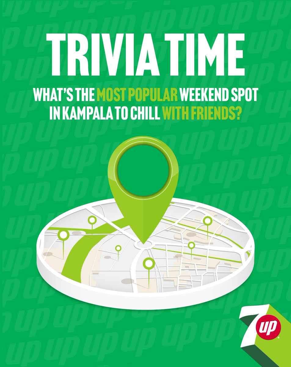7Up_Uganda's tweet photo. Trivia time!
What’s the most popular spot in Kampala to chill with friends?
#HelloTo7up #7upInGlass https://t.co/G2fqjiKHyO