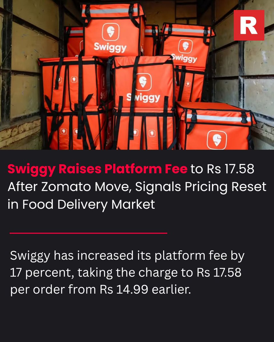 IndianRestCong's tweet image. Swiggy Raises Platform Fee to Rs 17.58 After Zomato Move, Signals Pricing Reset in Food Delivery Market

Swiggy has increased its platform fee by 17 percent, taking the charge to Rs 17.58 per order from Rs 14.99 earlier. 

Read More: tinyurl.com/yp94jzwr

#FoodDelivery #Swiggy