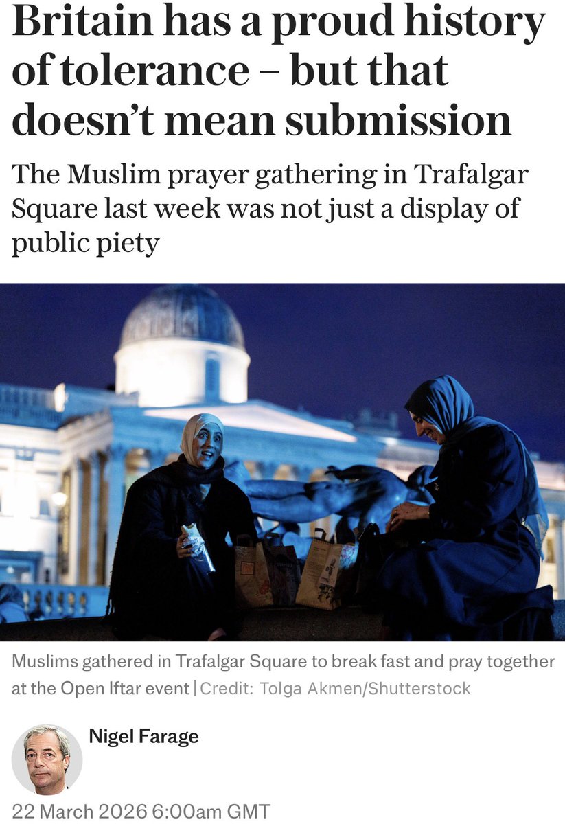 It’s obviously completely ideologically incoherent to be so appalled by Islamic prayer that you’d ban it but not appalled enough that you’d deport them.

This civnat slop from <a href="/Nigel_Farage/">Nigel Farage MP</a> shows how weak he is and lacking in a genuine world view.

Either Muslims are just like