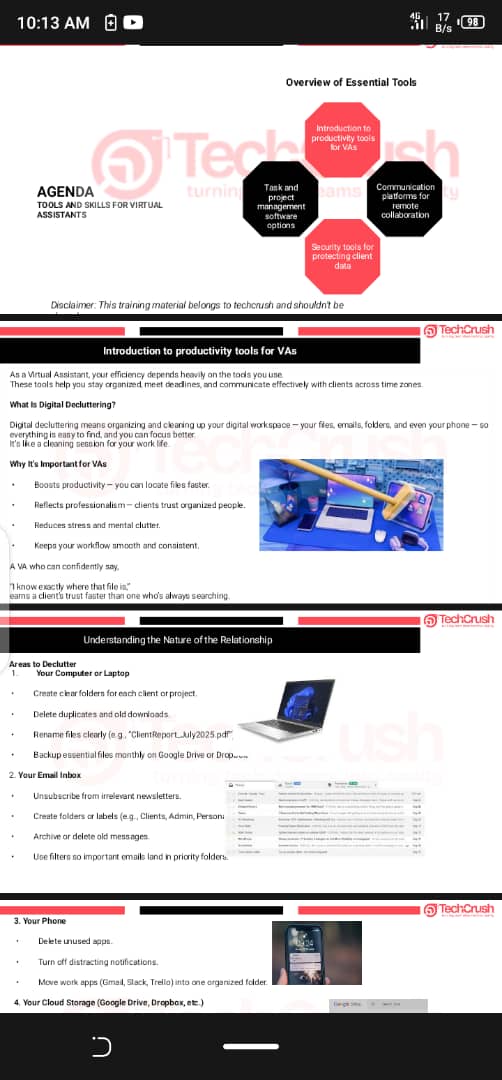 fathia_adi47500's tweet image. Week 2, Day 1 of my VA journey! 🚀 New week, new energy. Ready to keep building those skills.I learned about digital decluttering and the key tools every VA needs. Building that foundation, one lesson at a time. #VAJourney Let's get it! 💻✨
##Techcrush4africans #TechcrushVAgoals