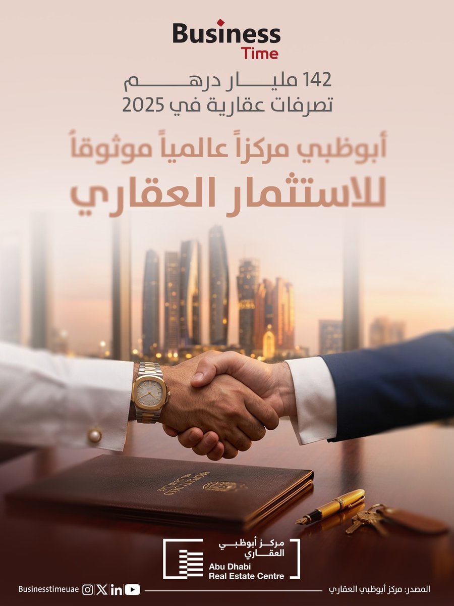 BusinessTimeUae's tweet photo. نمو بنسبة 44% في القيمة و 52% في عدد المعاملات مقارنة بـ 2024.. أبوظبي مركزاً عالمياً موثوقاُ للاستثمار العقاري بتصرفات عقارية بلغت 142 مليار درهم في 2025

#عقارات #أبوظبي #الإمارات https://t.co/xgj517tXtO
