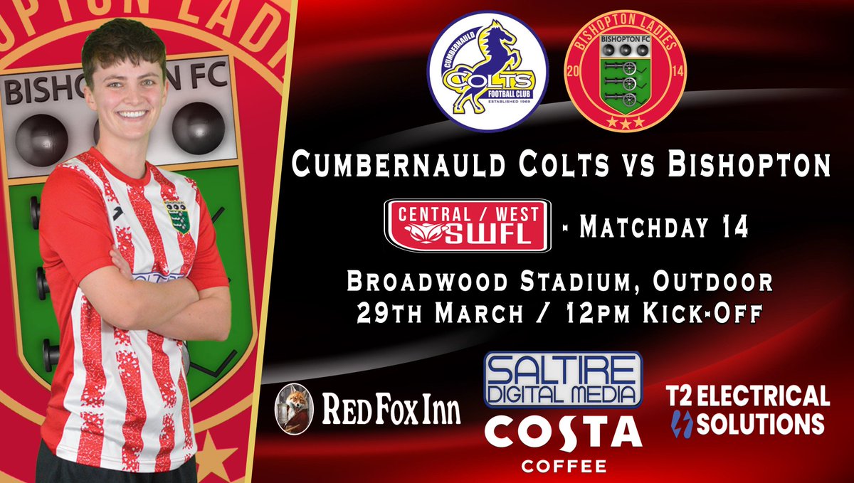 BishoptonFcl's tweet photo. This Sunday, The Ladies are in SWF Central/West League action.
Cumbernauld Colts vs Bishopton Ladies @ Broadwood Stadium - Outdoor, with a 12pm KO.
#monthebishy #costacoffee #redfoxinn #t2electricalsolutions #saltiredigitalmedia https://t.co/EG4TT0blNC