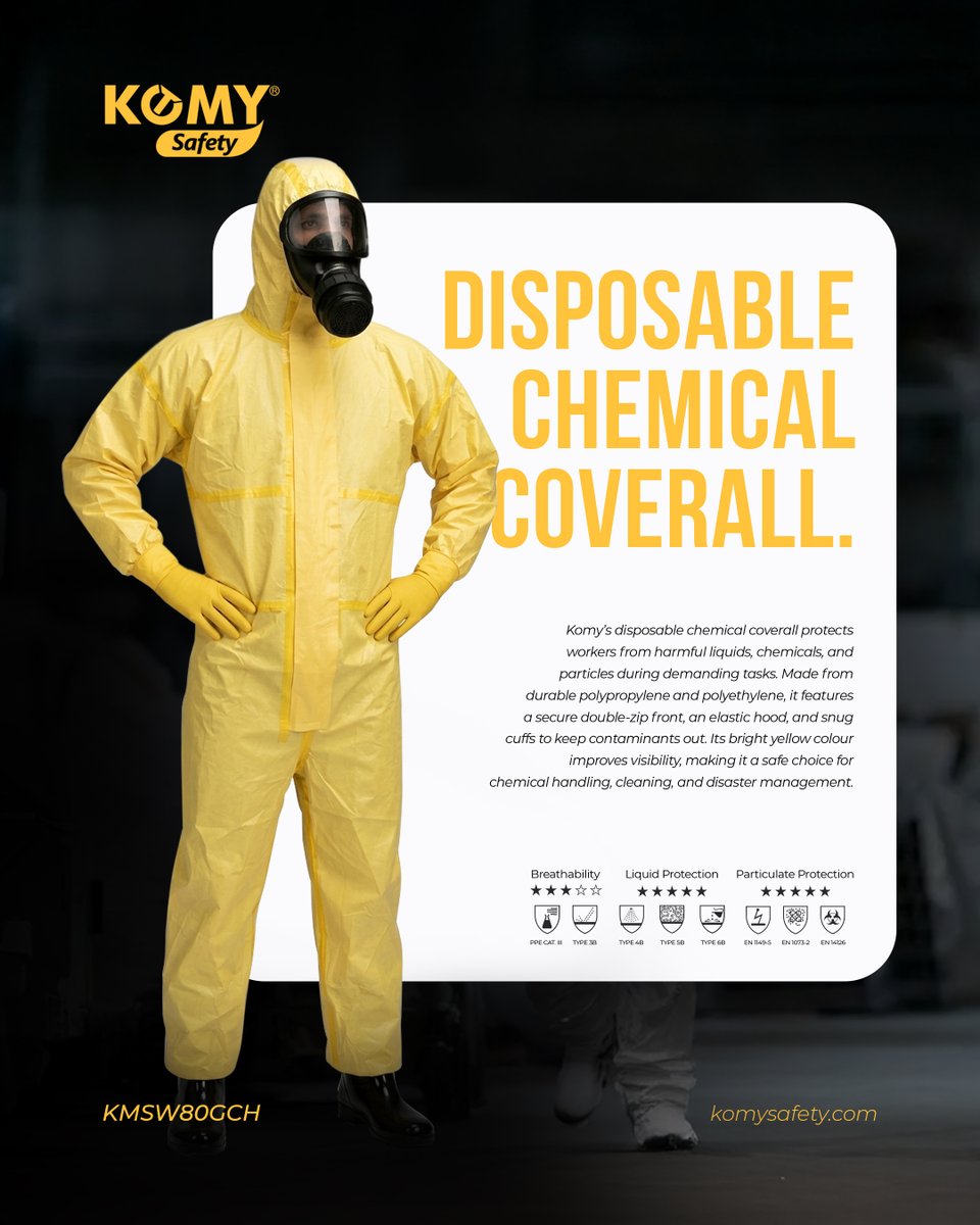 komysafetysa's tweet image. From chemical handling to cleanup operations, Komy's disposable chemical coverall combines safety, fit &amp;amp; functionality, protection you can trust, every single time.

#Komy #ChemicalCoverall #SafetyWear #IndustrialSafety