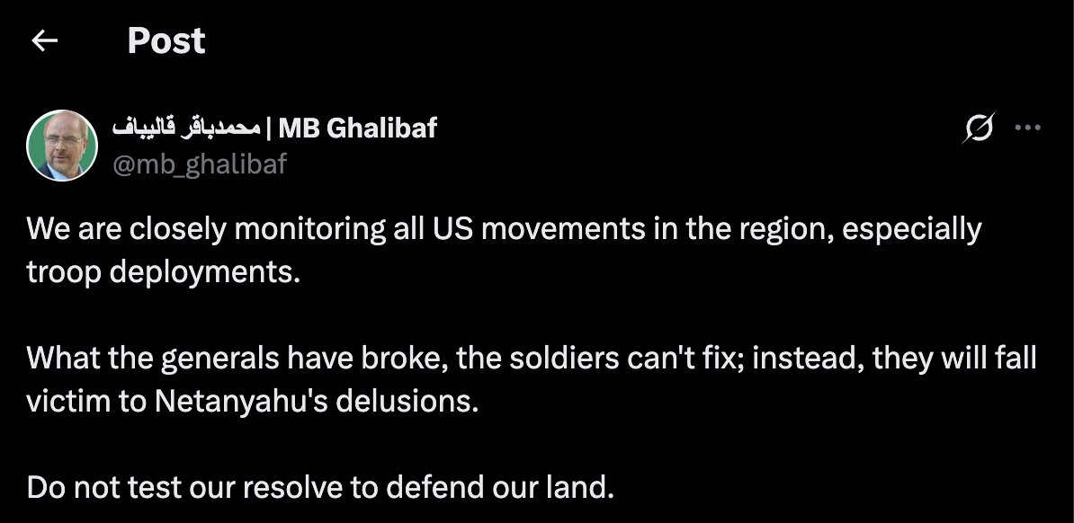 clashreport's tweet image. Iranian Parliament Speaker Ghalibaf:

We are closely monitoring all US movements in the region, especially troop deployments.

What the generals have broke, the soldiers can't fix; instead, they will fall victim to Netanyahu's delusions.

Do not test our resolve to defend our