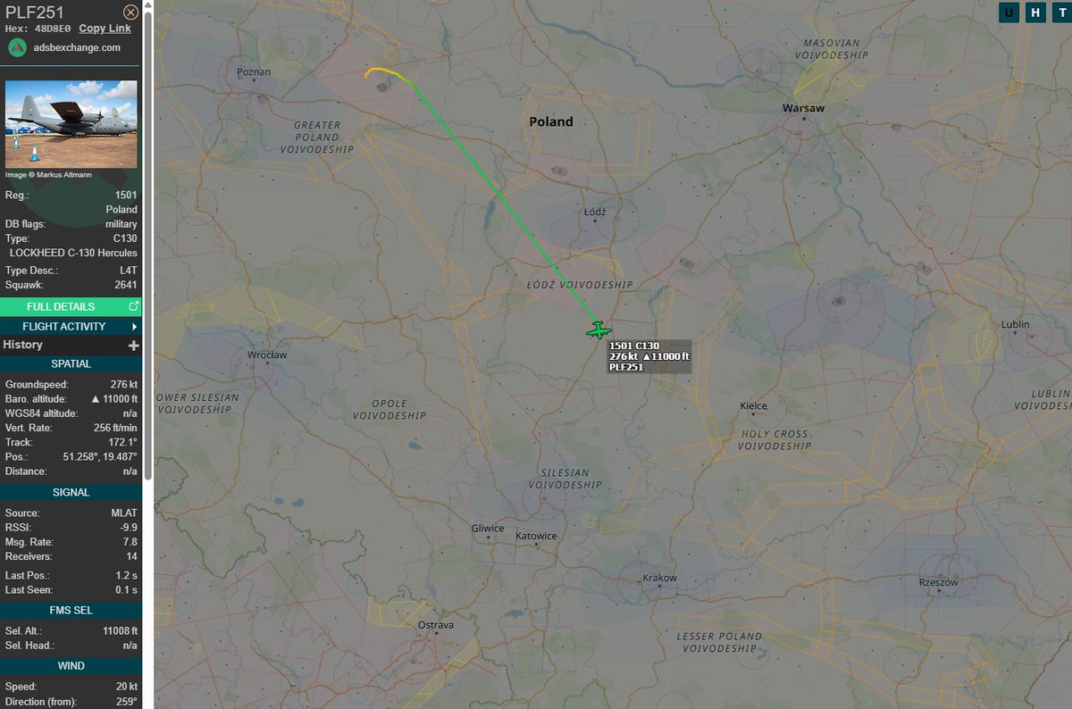 PolishMilRadar's tweet photo. 📅 25.03 🕘 10:36LT - 🇵🇱✈️ C-130E z Powidza do Krakowa
🇵🇱 Siły Powietrzne RP
✈️ Lockheed Martin C-130E Hercules | Reg: "1501"
🛫 Baza Lotnicza Powidz #EPPW 🇵🇱
🛬 Kraków Balice #EPKK 🇵🇱
#PLF251 leci na FL110 (3353 metrów)
🔗 https://t.co/b3NqCNR9z2
#POLMILRADAR https://t.co/nxrq4YbMlj