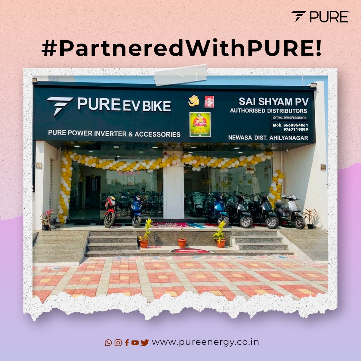 pureenergyindia's tweet photo. We are proud to announce the latest milestone in PURE’s journey: the grand opening of our showroom in Newasa, operated by Sai Shyam PV.

#ElectricMobility #BusinessExpansion #MaharashtraEconomy #GreenEnergy #PUREEV #SaiShyamPV #Leadership #NewasaBusiness https://t.co/rFxJky4v11