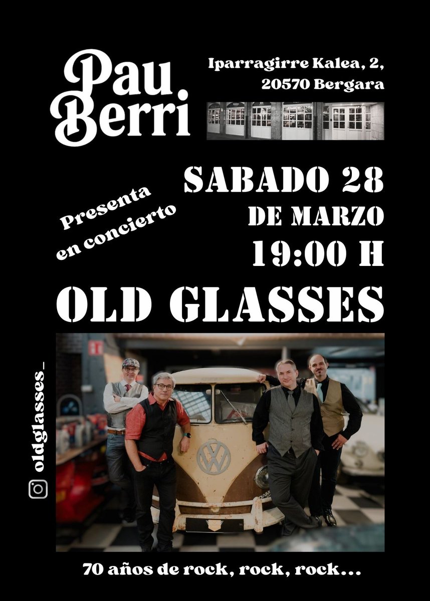 oldglasses_'s tweet photo. OLD GLASSES EN BERGARA!!

Este sábado 28, volvemos a Gipuzkoa, al PAU BERRI (Iparragirre Kalea 2 - BERGARA), a las 19 H con el mejor rock de los últimos 70 años. Entrada libre. Os esperamos!#RockingGipuzkoa #RockingEH @pau.berri #musikazuzenean #concierto #rock #musicaendirecto https://t.co/sry9Mhz7R4